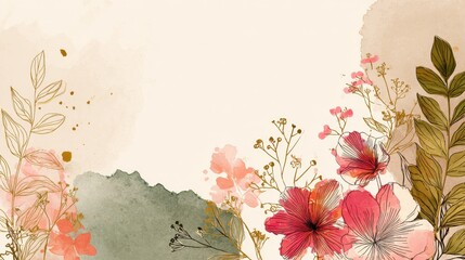 Flower watercolor art background vector. Wallpaper design with floral paint brush line art. leaves and flowers nature design for cover, wall art, invitation, fabric, poster, canvas print., no logos, 