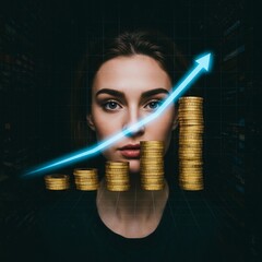 Top-down perspective of glowing golden coin stacks forming a bar graph, blue neon arrow line showing upward trend, futuristic digital finance theme, dark background with grid lights.