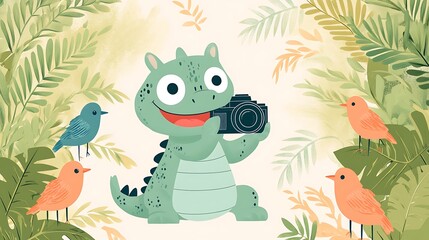 Snappy the Crocodile snapping photos of doodle birds in a jungle, smiling wide with camera ready, pastel green and blue colors, light background with leaves. Bold outlines, vector illustration,