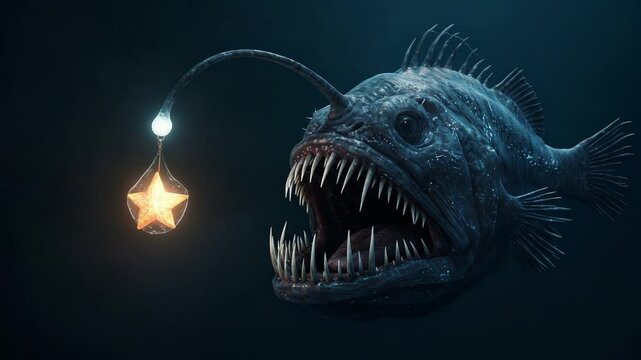 Deep-sea anglerfish with glowing lure in dark waters (1)