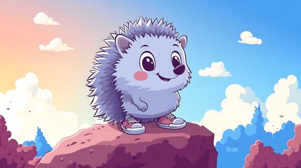 Spike the Hedgehog hiking up a doodle hill, tiny sneakers visible, pastel blue sky and fluffy clouds in the background, smiling with excitement. Bold outlines, vector illustration, flat colors,