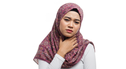 Sore Throat Woman in Hijab Touches Neck in Transparent Background