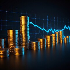 Top-down perspective of glowing golden coin stacks forming a bar graph, blue neon arrow line showing upward trend, futuristic digital finance theme, dark background with grid lights.