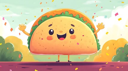Taco Buddy waving from a doodle parade float, salsa hair shining, little legs on the edge, pastel sky and confetti background, festive vibe. Bold outlines, vector illustration, clean lines,