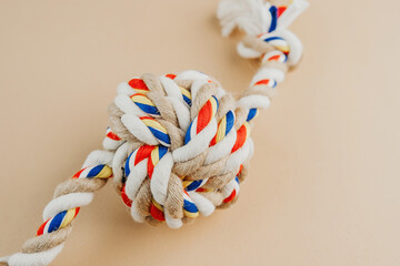 Colorful knotted rope dog toy on beige background for pet play and chewing concept