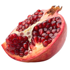 Close up of a ripe pomegranate segment with juicy red seeds isolated on transparent background