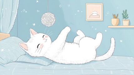 Whiskers the Cat rolling on its back, batting a yarn ball, round and fluffy, pastel bedroom background with doodle bed and curtains, cozy mood. Bold outlines, vector illustration, clean lines,