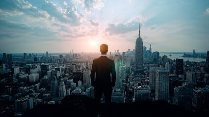 Fototapeta premium Confident businessman silhouetted against urban skyscrapers