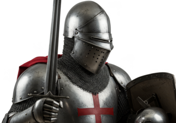 Isolated Crusader Knight in Shining Armor Holding Sword and Shield
