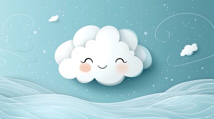 A cartoon cloud with puffy cheeks blowing wind, soft grays and blues, near the top of the frame, set against a baby blue sky with swirling doodle wind lines. Light,
