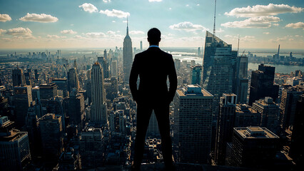 Fototapeta premium Powerful businessman silhouette against urban skyline