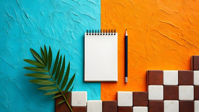 notebook and pencil placed on a divided blue and orange background, complemented by a leaf and tiles.