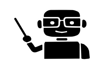 The image displays a stark black and white silhouette or solid icon of a robot in a teaching or presenting pose, set against a plain white background