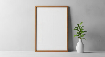 Vertical Wooden Frame With White Blank Space Leaning Against Textured Gray Wall Beside a Green Plant in a White Vase
