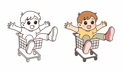 Fototapeta premium Man with shopping trolley coloring page for kids