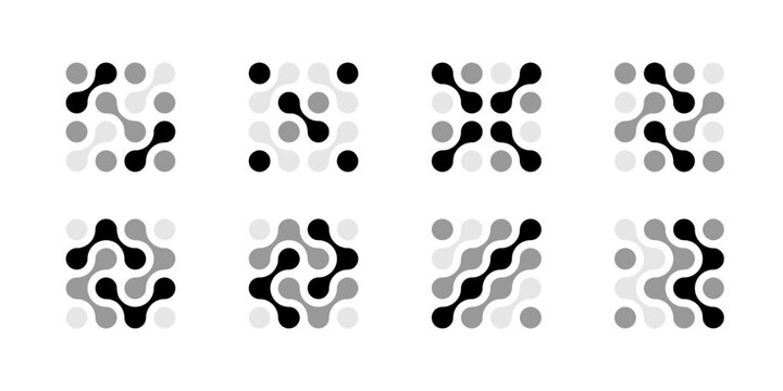 Dot connect icon, modern abstract science logo. Vector merged circles pattern and molecular structure. Blob shapes link into fluid forms, energy movement and nano tech net. Liquid medical drops design