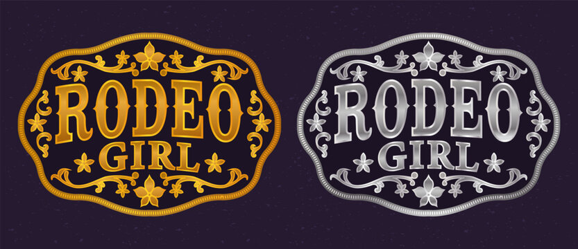 Rodeo Girl belt buckle Label Cowboy bull rider floral details Cowgirl Rustic Decor style emblem vector design