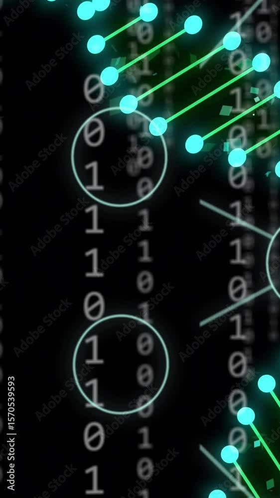 Poster animation of dna strands and newtork of connections over data processing on black background