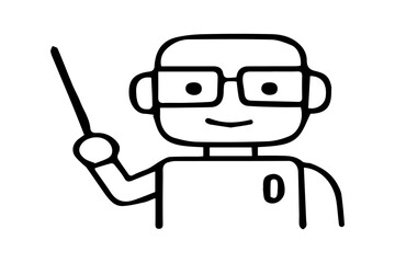 The image displays a clear black outline drawing of a cartoon-style robot in a teaching or presenting pose, isolated on a plain white background.