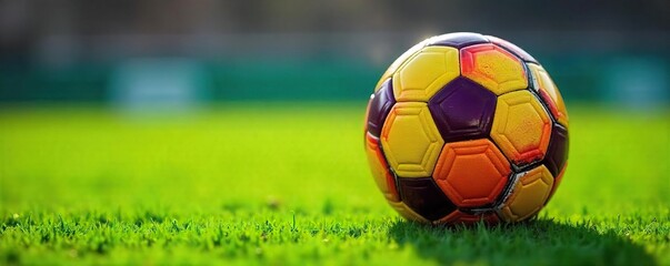 Vibrant Soccer Ball Ready for Kickoff Close-up on Lush Green Field -  Sharp Texture, Excitement of the Game