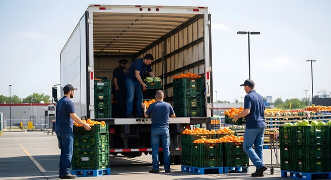 Workers Loading Fresh Oranges into Truck at Distribution Center