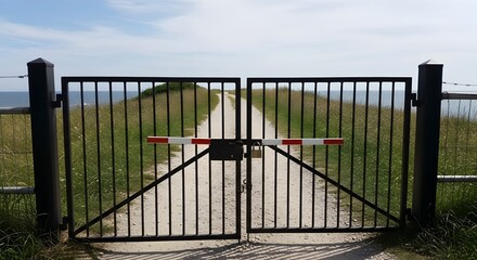 Locked Coastal Gate Leading to Grassy Path and Sea