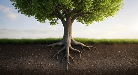 Detailed Cross-Section of a Tree Revealing Roots, Soil, and Lush Foliage