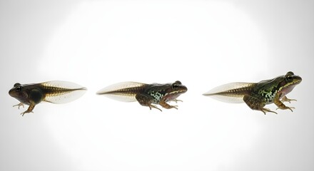 Tadpole Trio: Metamorphosis Stages of a Frog on a White Background