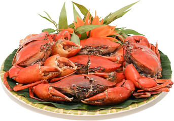 Cooked crab on white plate. Boiled red crabs seasoned.  