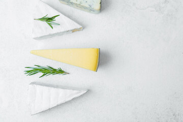 Varied cheese selection with fresh herbs on a light background