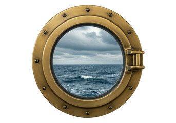 Round Brass Porthole Window to Overlook Stormy Ocean View