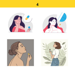 Young women experiencing skin problems and using beauty products for skincare