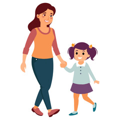 Happy mother and daughter walking together holding hands