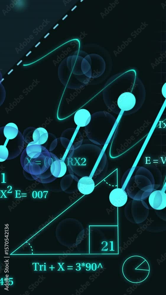 Poster mathematical equations and graphs over abstract animation of connected dots and lines