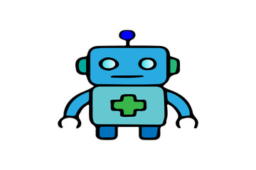 The image features a cartoon-style robot rendered in shades of blue and green, set against a plain white background. This robot has a distinct medical or helpful theme