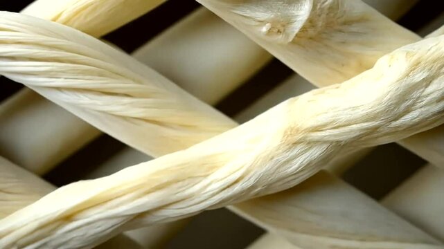 Close-up shot of interwoven beige ropes, depicting texture, structure, and weaving patterns