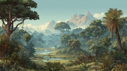 Were Full. Prehistoric Game Background with Diverse Life in Jurassic Forest