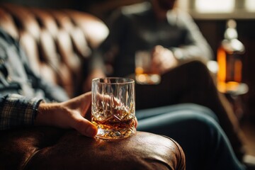 Whiskey At Home. Young Men Enjoying Alcoholic Beverages in the Comfort of Home