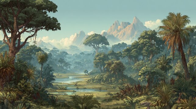 Were Full. Prehistoric Game Background with Diverse Life in Jurassic Forest
