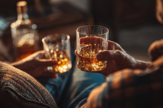 Whiskey At Home. Closeup of Young Men Enjoying Alcoholic Beverages in Casual Setting