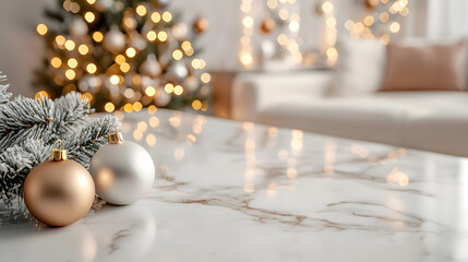 Christmas background of marble table top with abstract warm living room decor