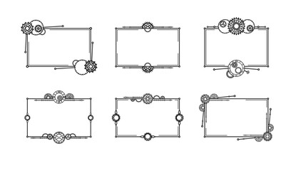 Rectangular frames with different gears, openwork cogwheels and chains. Black elements, isolated on a white background. Mechanism. Steampunk. Vector set for greeting card design, decoration or signage