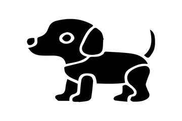 The image displays a stark black and white silhouette or solid icon of a robotic dog, presented in a side profile view against a plain white background.