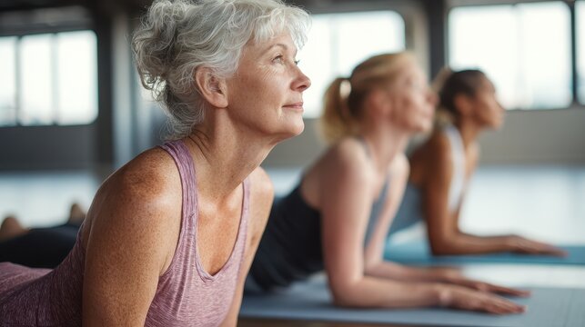 Women Fitness 50. Group of Mature Females Performing Yoga Asanas in a Fitness Class - Powered by Adobe