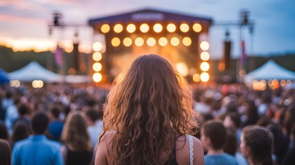 Excited Crowd at a Music Festival - View of Audience with Stage Lights in the Background