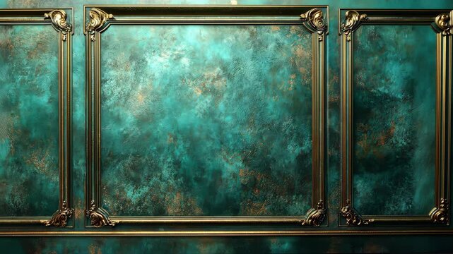 Elegant turquoise wall with ornate gold frames, showcasing luxury decor in a stylish interior