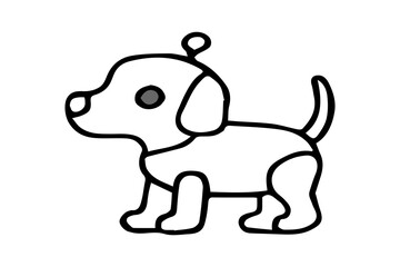 The image displays a clear black outline drawing of a cartoon-style robotic dog, presented in a side profile view against a plain white background.