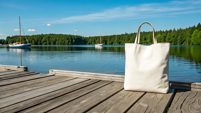 Canvas tote bag rests on a wooden dock with sailboats on a tranquil lake under a blue sky