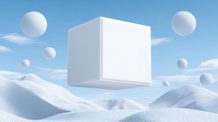 Floating white cube in snowy landscape