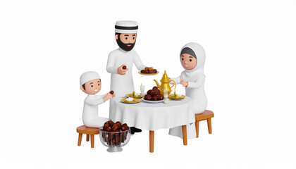 3D Cartoon of Family Breaking Fast with Dates, Ramadan Iftar Meal Together